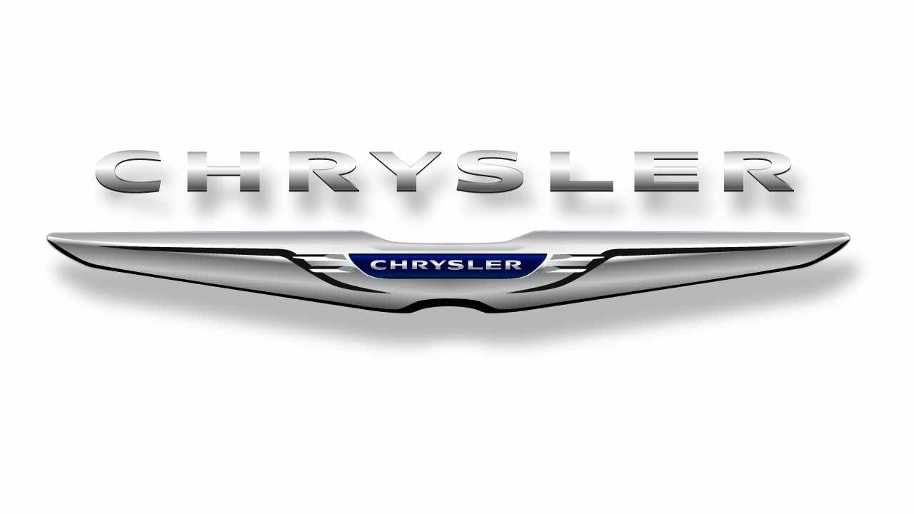 The Chrysler brand logo. A the word "Chrysler" in silver on blue, on a silver stylized set of wings.