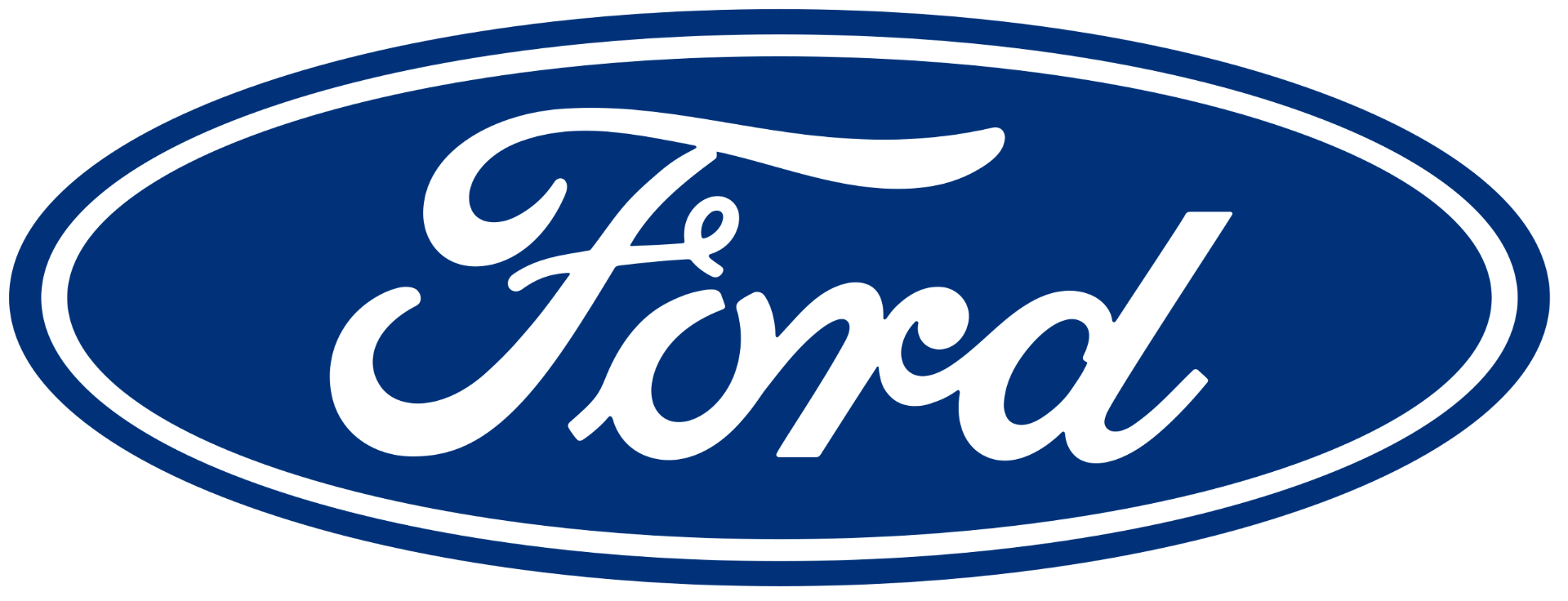 Ford Logo - The word Ford typed in white stylized font, with blue background.