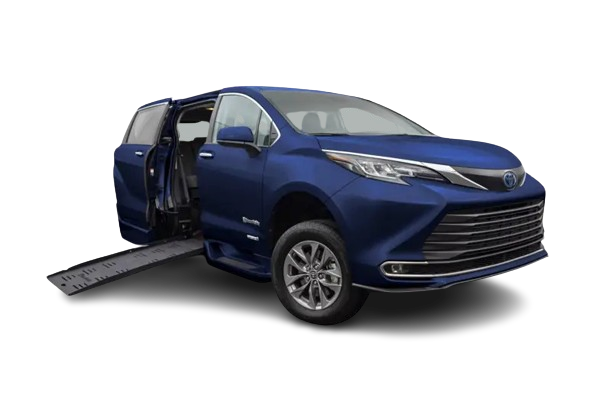 A blue Toyota Sienna Hybrid Wheelchair Van with passenger side sliding door open and ramp deployed.